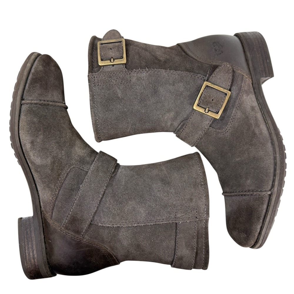 UGG Ellee Engineer Boots Women 39.5 9 Grey Suede Leather Cap Toe Buckle Moto - Picture 9 of 12